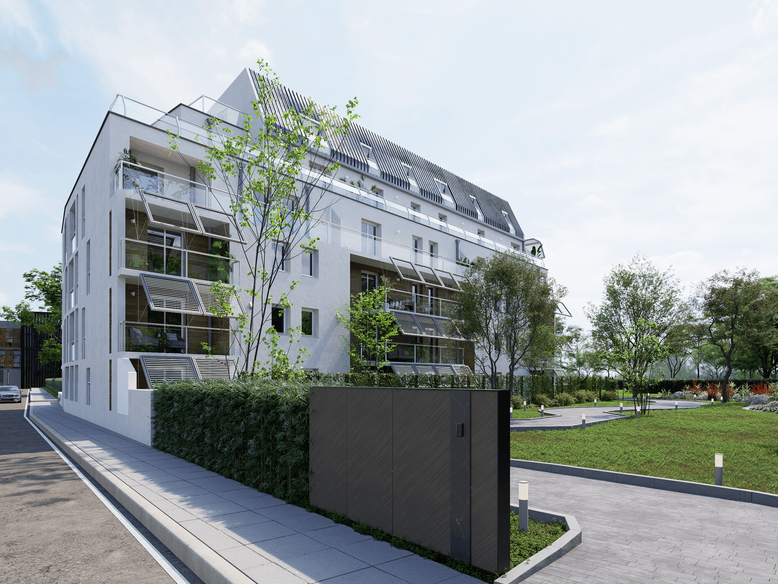 緑に囲まれた洗練されたマンション
