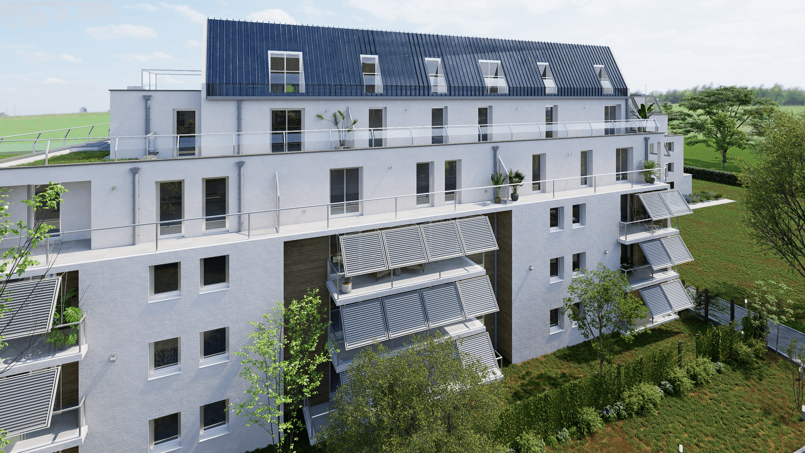 緑に囲まれた洗練されたマンション